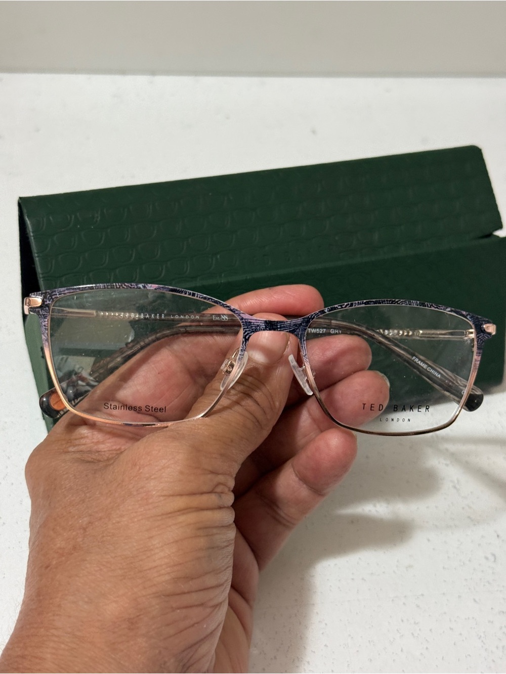 Ted Baker London purple clear lance glasses with green case